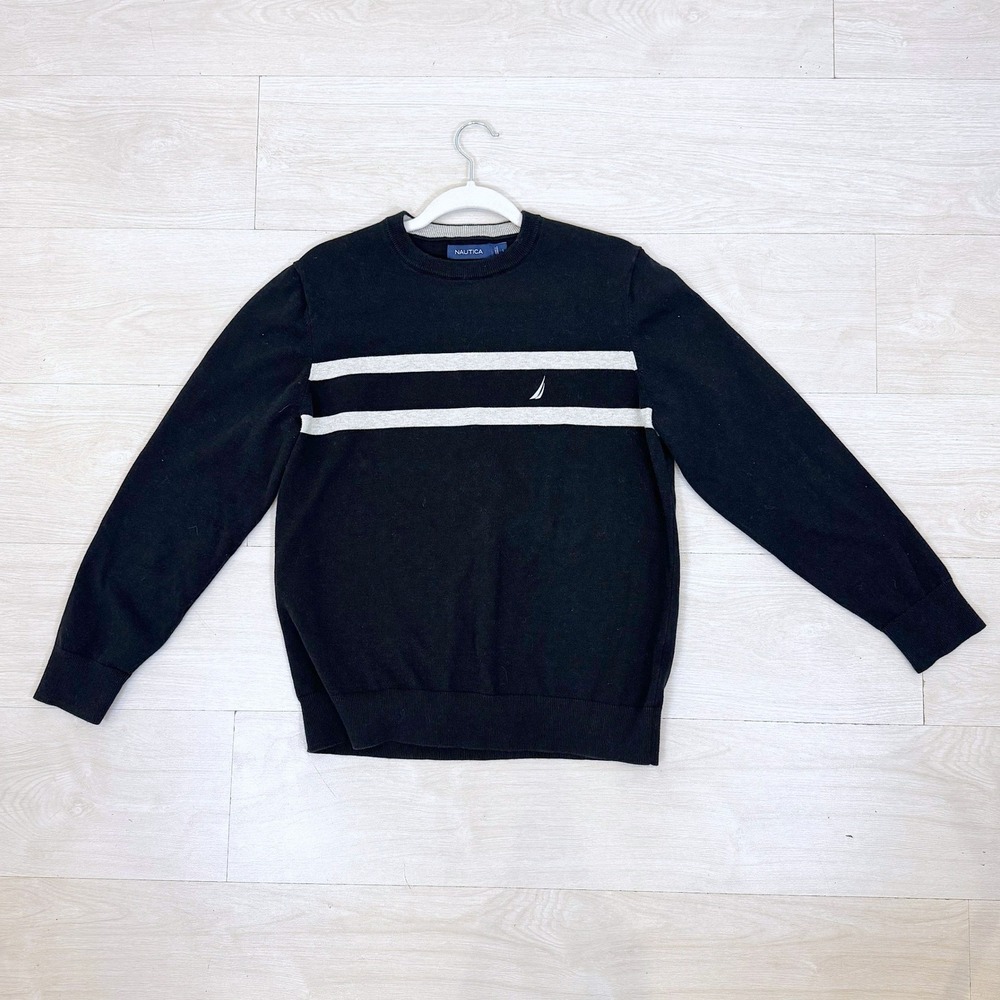 Nautica Men's Black Crew‎ Neck Sweater with Grey Stripes Size L